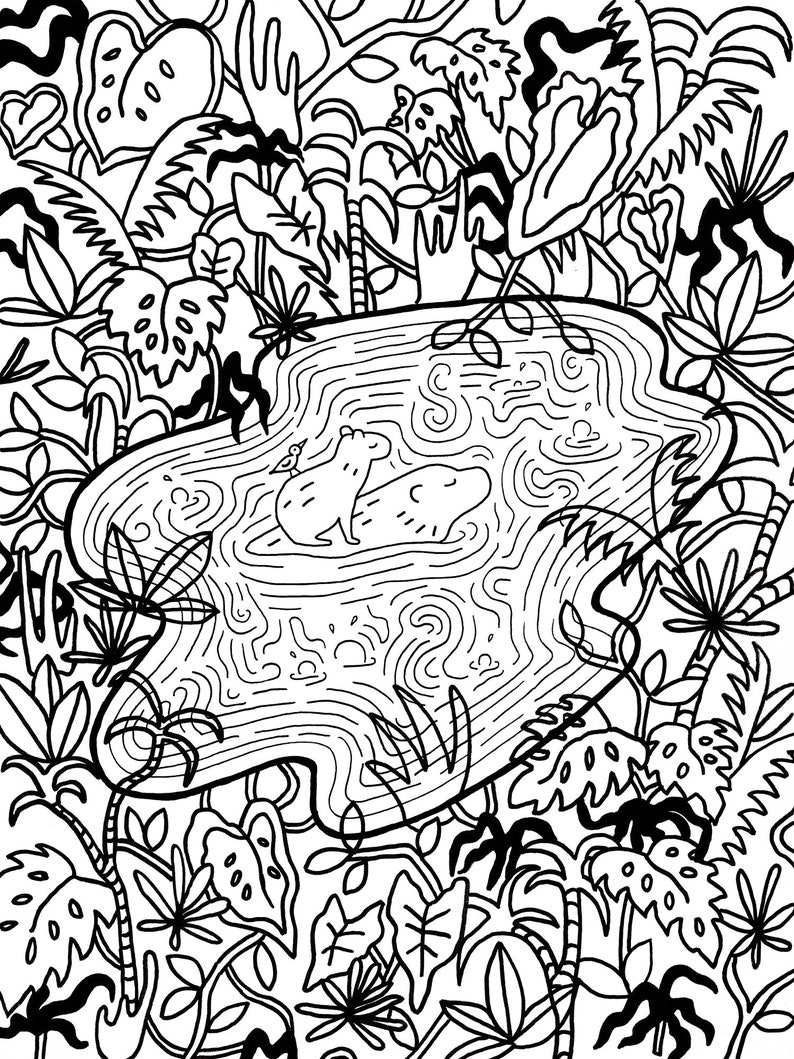 Capybara Jungle Coloring Page Digital Download | Etsy