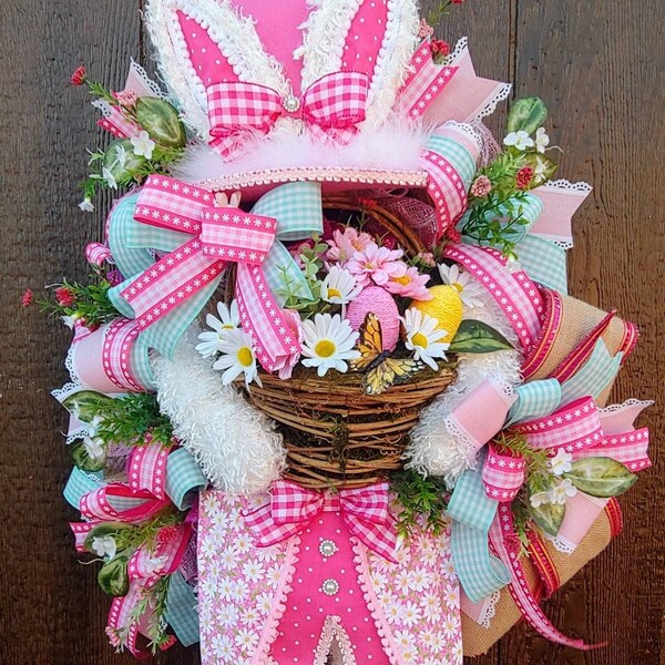Easter Bunny Wreath, XL Easter Bunny Door Decoration, Pink Spring Wreath, Easter Bunny Decor,Bunny Wreath,  Easter Wreath for Front Door