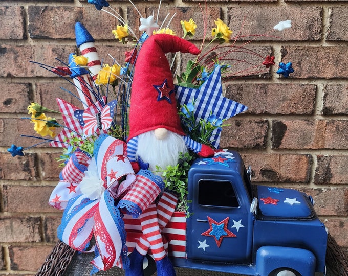Gnome Patriotic Truck Centerpiece, Gnome Red White and Blue Arrangement ...