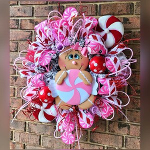 Gingerbread Man Wreath for Front Door, Christmas Wreath, Pink Christmas ...