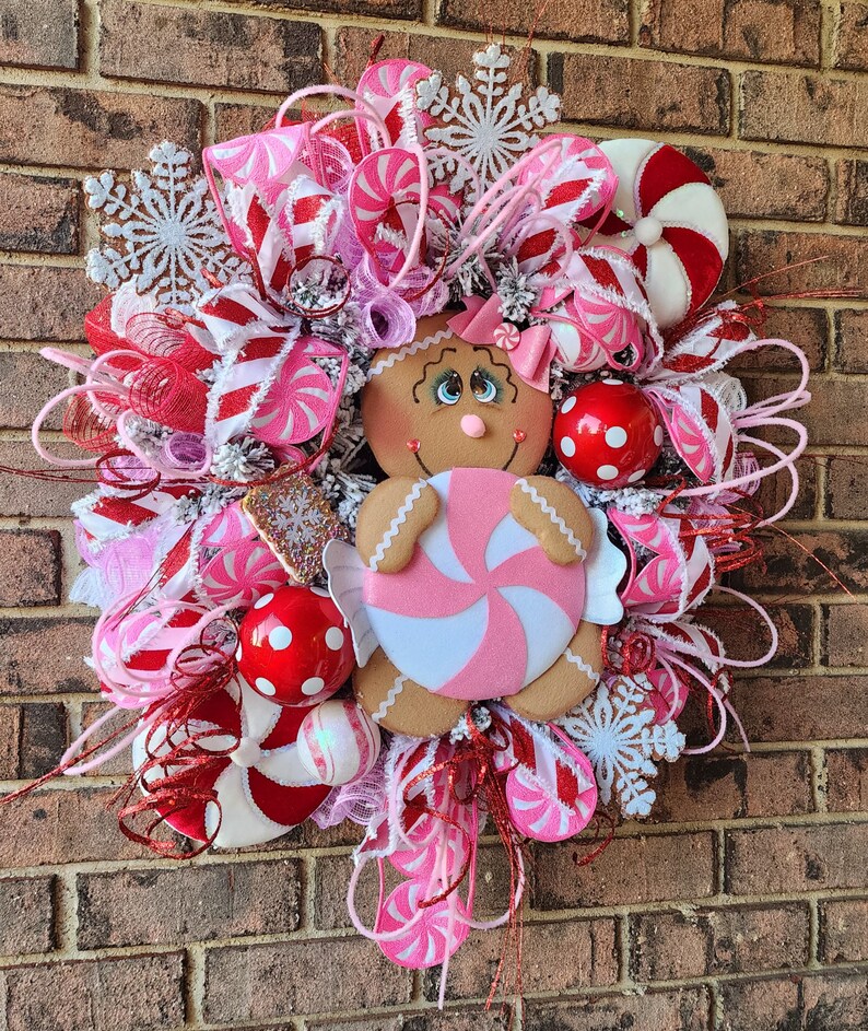Gingerbread Man Wreath for Front Door, Christmas Wreath, Pink Christmas ...