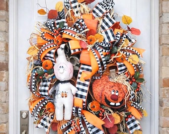 Fall Halloween Ghost Front Door Wreath, Autumn Door Decoration, Rustic Halloween Wreath Door Decoration, Halloween decoration