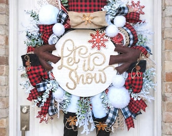 Snowman Wreath for front door, Winter Buffalo Plaid Snowman decor, Snowman Mesh Wreath, Winter Wreath, Let it Snow Snowman door decor
