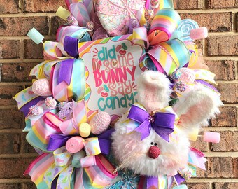 Pastel Color Easter Bunny Wreath, Candyland Easter Wreath, Front Door Spring Wreath, Bunny Door Decor, Rabbit Decoration, Easter decor