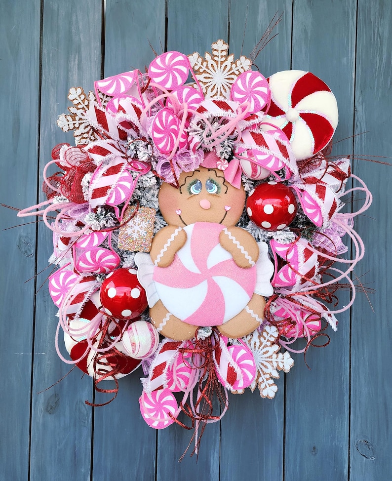 Gingerbread Man Wreath for Front Door, Christmas Wreath, Pink Christmas ...