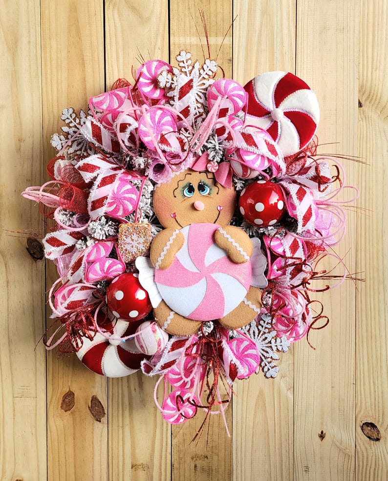 Gingerbread Man Wreath for Front Door, Christmas Wreath, Pink Christmas ...