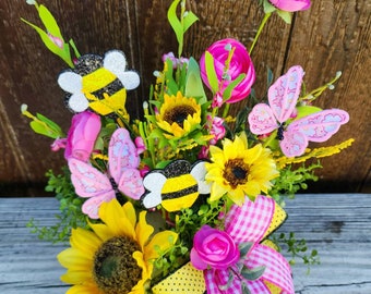 Summer Bee and Butterfly Arrangement, Sunflower table Arrangement, Summer patio centerpiece, Kitchen table arrangement, Bee tier tray decor