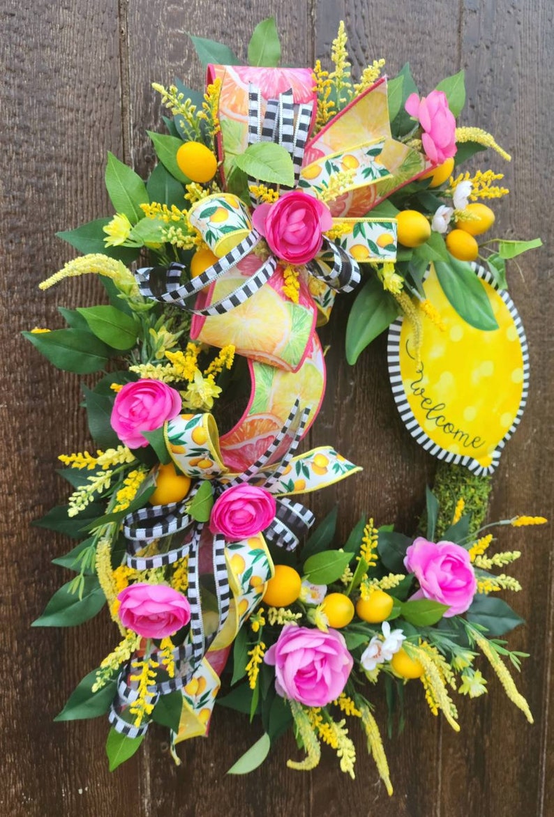 Summer Lemon Wreath, Citrus home decor, Lemon Wreath for Front Door, Pink Lemon Wreath for Kitchen, Summer Door Hanger, Mothers Day gift image 5
