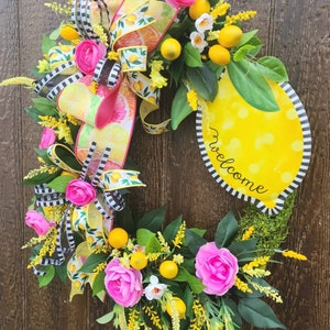 Summer Lemon Wreath, Citrus home decor, Lemon Wreath for Front Door, Pink Lemon Wreath for Kitchen, Summer Door Hanger, Mothers Day gift image 3