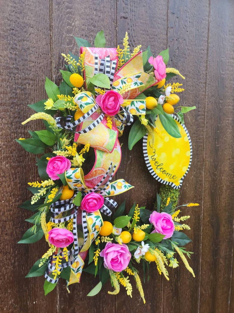 Summer Lemon Wreath, Citrus home decor, Lemon Wreath for Front Door, Pink Lemon Wreath for Kitchen, Summer Door Hanger, Mothers Day gift image 9