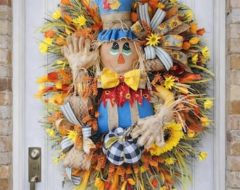 Fall color XL Scarecrow Wreath for Front Door, Sunflower Autumn Scarecrow Wreath, Rustic Fall door Decoration, Fall Harvest Door Hanger