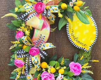 Summer Lemon Wreath, Citrus home decor, Lemon Wreath for Front Door, Pink Lemon Wreath for Kitchen, Summer Door Hanger, Mothers Day gift