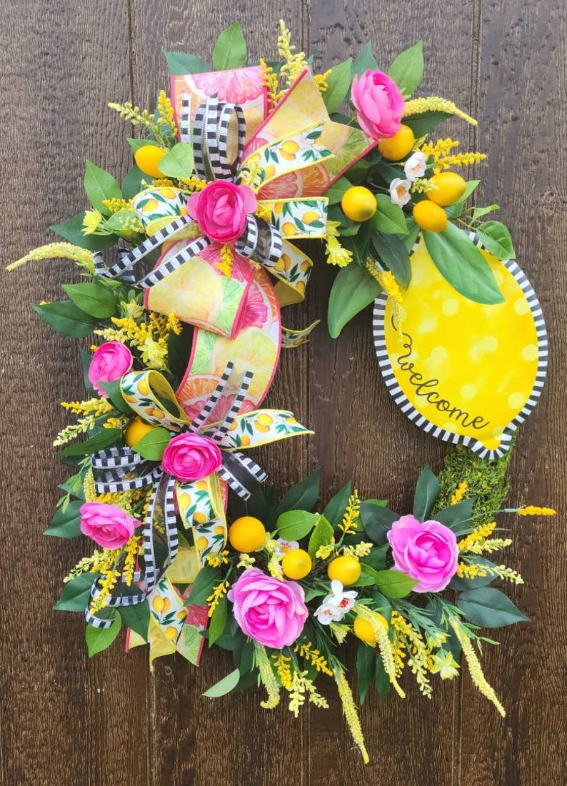 Summer Lemon Wreath, Citrus home decor, Lemon Wreath for Front Door, Pink Lemon Wreath for Kitchen, Summer Door Hanger, Mothers Day gift image 1