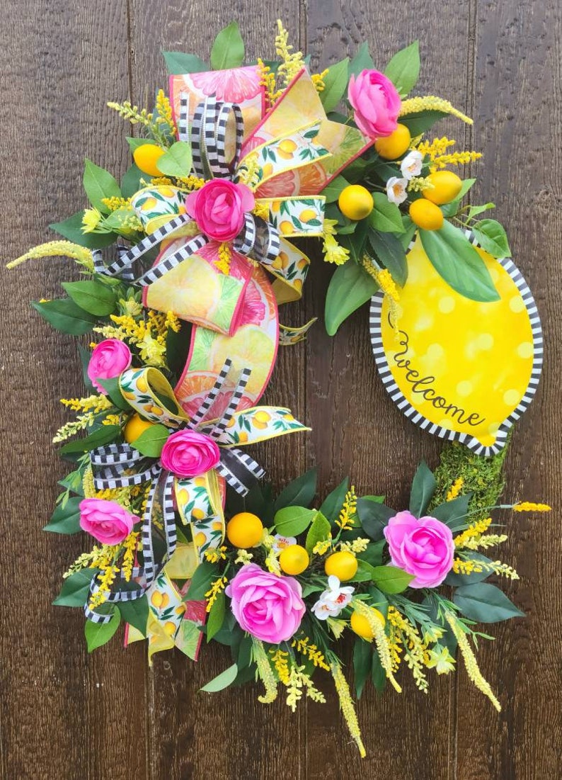Summer Lemon Wreath, Citrus home decor, Lemon Wreath for Front Door, Pink Lemon Wreath for Kitchen, Summer Door Hanger, Mothers Day gift image 8