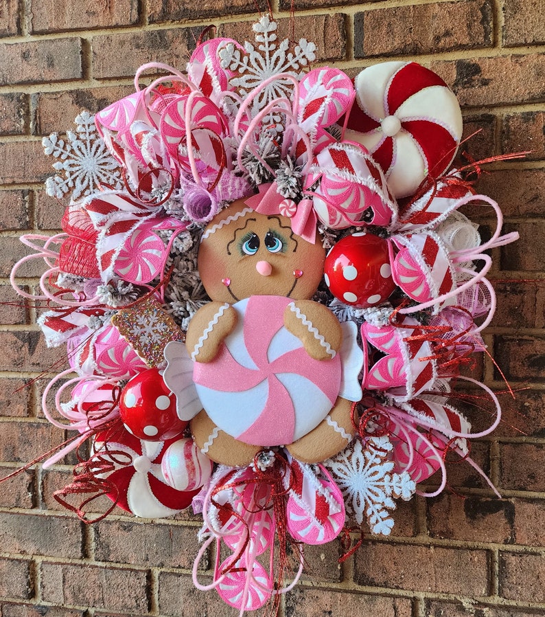 Gingerbread Man Wreath for Front Door, Christmas Wreath, Pink Christmas ...