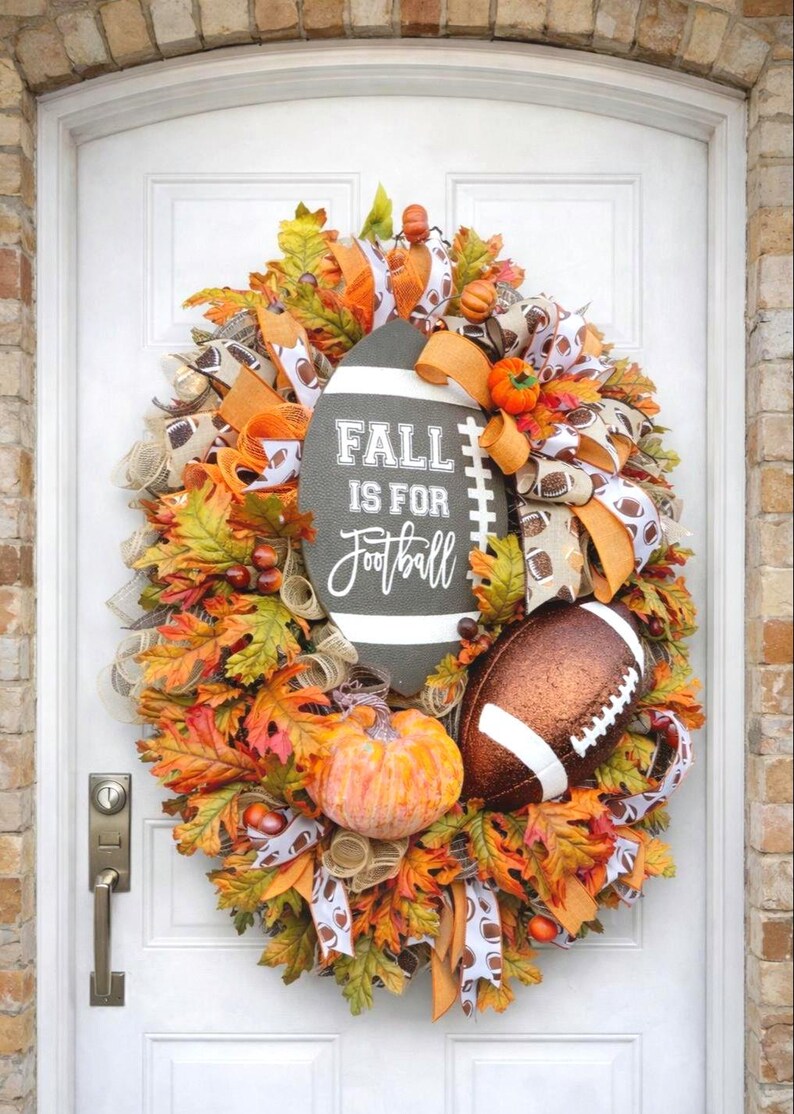 Fall Football Wreath for front door, Game Day Door Hanger, Football Mom gift idea, Mancave decor for gameday, Football season decor image 1