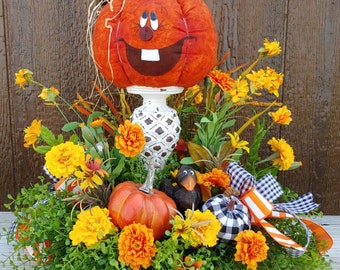 Whimsical Fall Pumpkin Tabletop Arrangement, Rustic Halloween Centerpiece, Autumn home decor, Fall Floral Arrangement, Fall Decoration