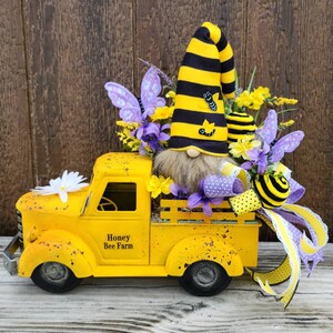 Gnome Bumble Bee Truck Arrangement, Yellow Bee and Butterfly Spring Arrangement, Summer patio Gnome centerpiece, Kitchen table arrangement