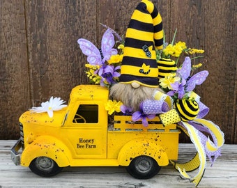 Gnome Bumble Bee Truck Arrangement, Yellow Bee and Butterfly Spring Arrangement, Summer patio Gnome centerpiece, Kitchen table arrangement