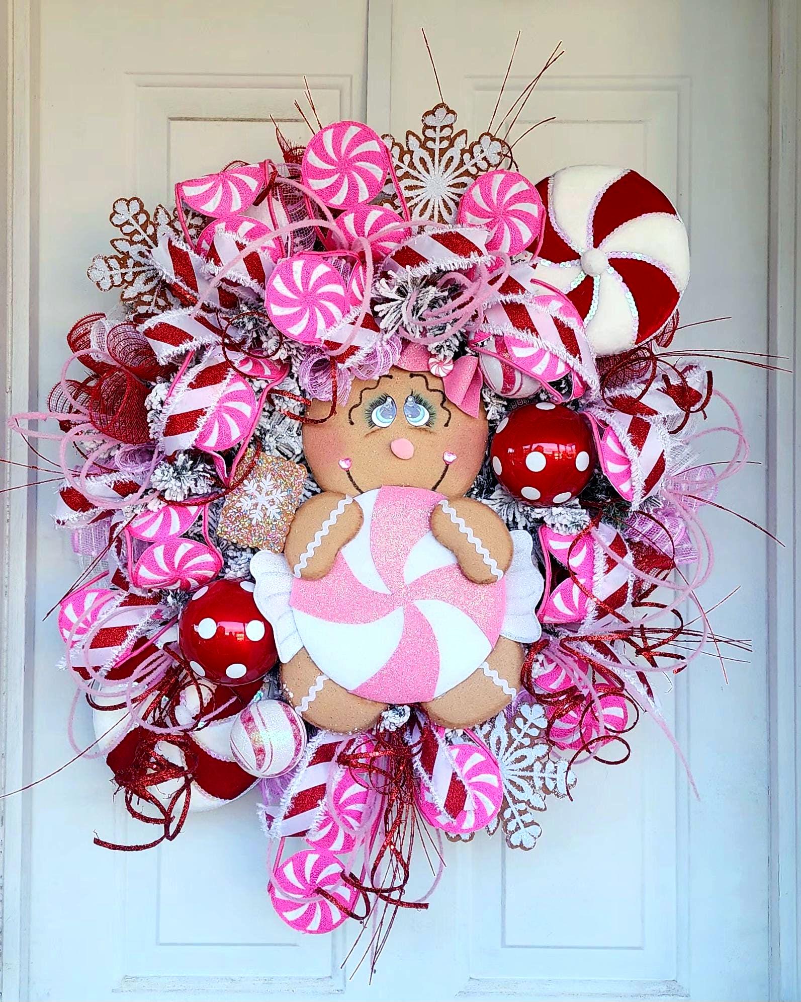Gingerbread Man Wreath for Front Door, Christmas Wreath, Pink Christmas ...