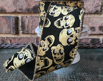 Halloween Skull Designer Wired Ribbon for Wreaths, 2.5" Black Velvet with Gold Metallic Skeleton, Quality Wired Edge Ribbon 10 yards