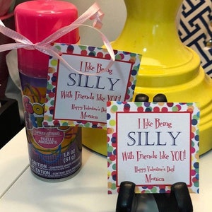 May include: A pink spray string can with a Valentine's Day gift tag that reads "I Like Being SILLY With Friends like YOU!" The can is 1.8 oz (51 g) and tied with a pink ribbon. The tag has a colorful polka dot border.