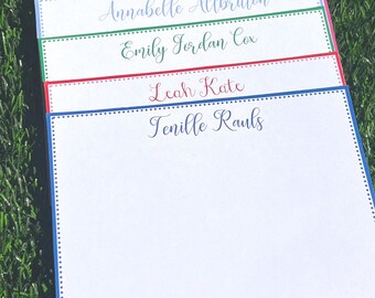 Personalized Flat Note Cards, Colorful Border, Script Name, Set of 20