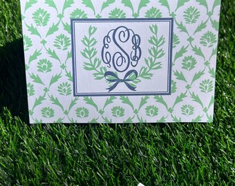 Monogrammed Note Cards, Green Vine, Navy Script, Personalized Stationery