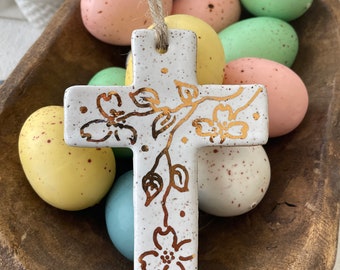 Easter gold luster dogwood design minimalist cross ceramic ornament