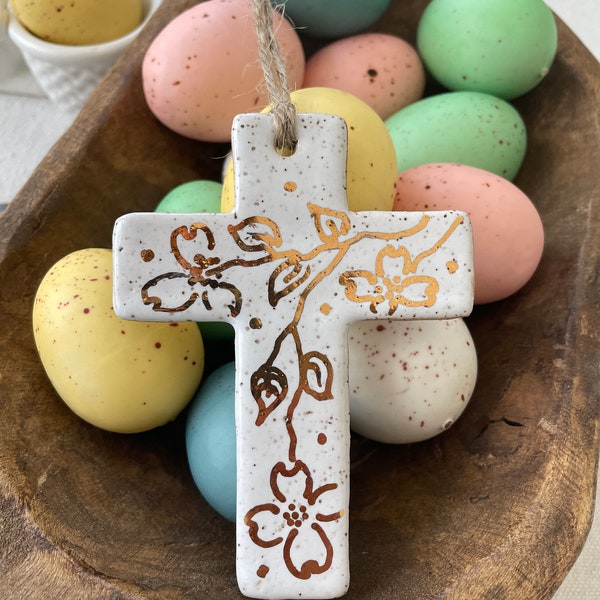 Easter gold luster dogwood design minimalist cross ceramic ornament
