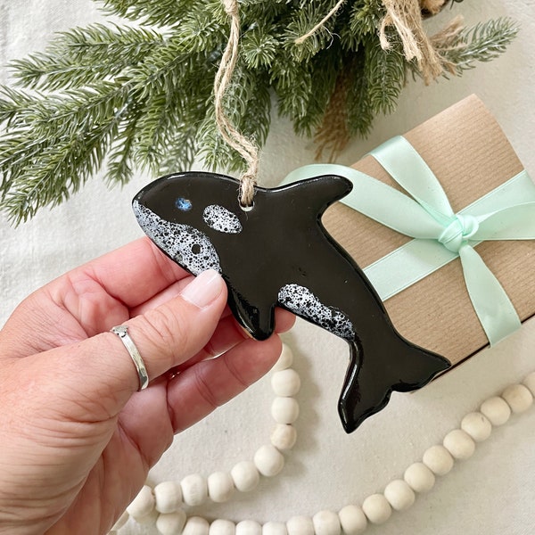 Glossy Black and White Orca Ornament: Brownstone Clay Sea Life Decor