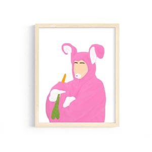 Puede incluir: Un disfraz de conejo rosa con la cabeza de una persona dentro. La persona sostiene una zanahoria en una mano y una verdura verde de hoja en la otra.