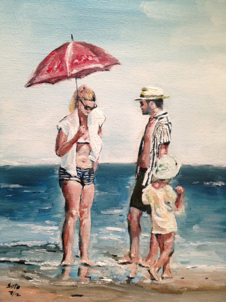 Red Umbrella at the Beach, Original Oil Painting, Studio Art, New York, by Victor Soto image 1