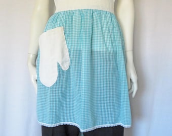 Vintage Blue Gingham Half Apron, Blue and white apron, Apron with pocket, Mitt pocket apron, Light cotton apron