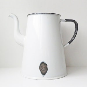 White enamel pitcher, Tall water jug, Pitcher with curved spout, Gooseneck jug, Farmhouse decor