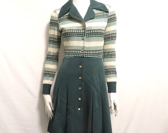 Vintage Knit Dress, Retro Women's Dress with Striped Top and Dark Green Skirt, Algo-Ettes Junior Petite Dress