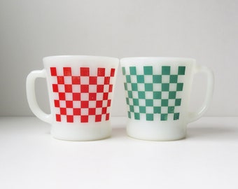 Vintage Fire King mugs in red and green, vintage MCM milk glass mugs