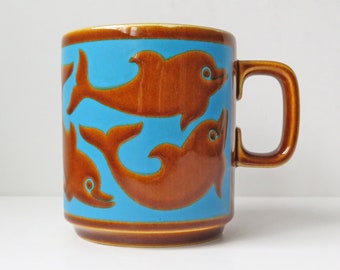 Hornsea dolphins mug in brown and blue, vintage MCM ceramic mug