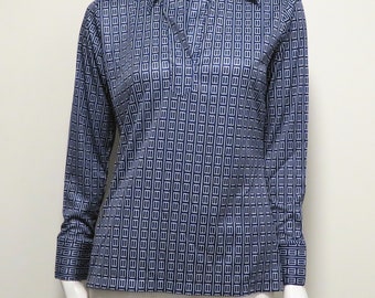 Vintage women's pullover blouse in navy and white, casual top for women