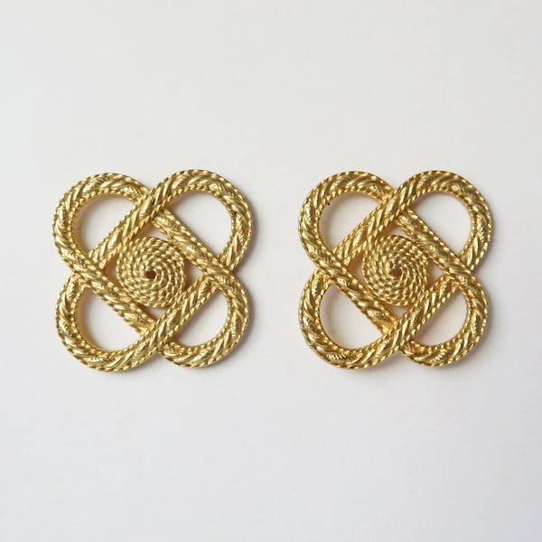 JJ Earrings matte gold-tone rope design, Vintage costume jewelry, 1980s pierced statement earrings