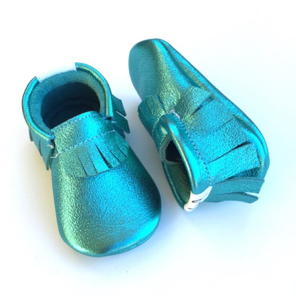 Mermaid moccasins...Metallic teal baby moccasins