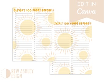 100 Foods Before 1 - Baby Led Weaning Food Chart - Sunshine - Edit in Canva - Print at Home