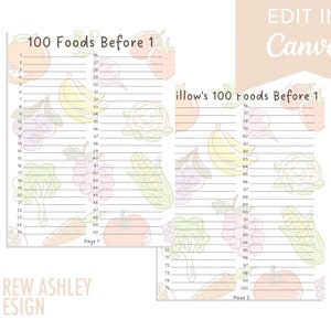 May include: Printable checklist with a colorful fruit and vegetable design. The checklist is titled "100 Foods Before 1" and is divided into two pages. The first page has numbers 1-50 and the second page has numbers 70-100.