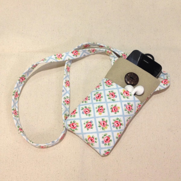 Hanging around neck blue grid rose handmade fabric iPhone sleeve, iPod touch pouch, Kindle case, smart cellphone cover, Samsung galaxy cover