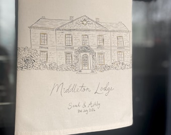 Custom Wedding Venue Tea Towel - Hand Painted & Made To Order - 100% Cotton - Personalised Wedding Gift