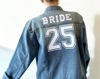 Bespoke Bridal Denim Jacket - Hand Embellished Design - Varsity Letters & Number