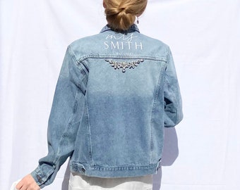 Bespoke Bridal Denim Jacket - Hand Embellished Design - Velvet Flock Personalisation - Crystal Embellishment