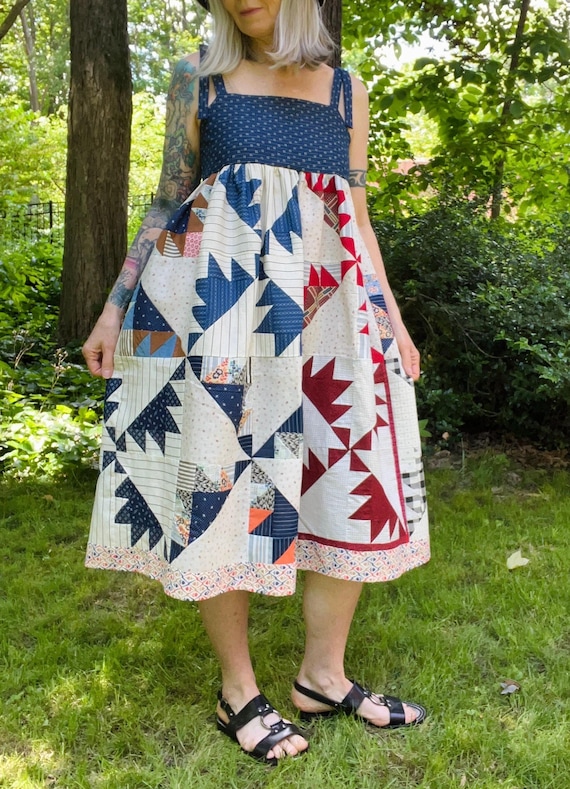 Antique Quilt Top Dress: Vintage Indigo Cotton, XS/S Antique Quilt Top Dress: Vintage Indigo Cotton, XS/S