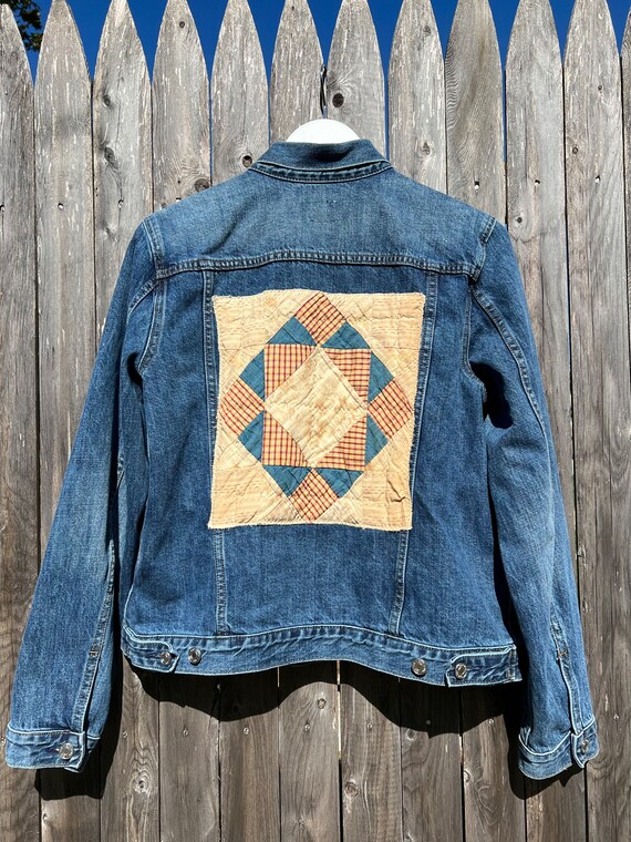Denim Jacket With Vintage Quilt Patchvintage Quilt - Etsy