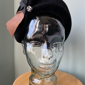 1960s Vintage Black Felted Fur Ballon Hat with Rhinestone Detail- 22&quot;